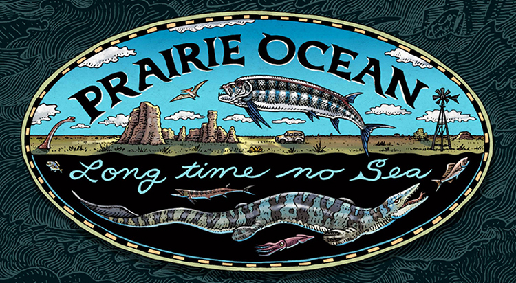 Prairie Ocean image with the text Long time no Sea, Birger Sanzen Memorial Gallery, November 4, 2018 to March 17, 2019, Recent and prehistoric works by Chuck Bonner & Ray Troll