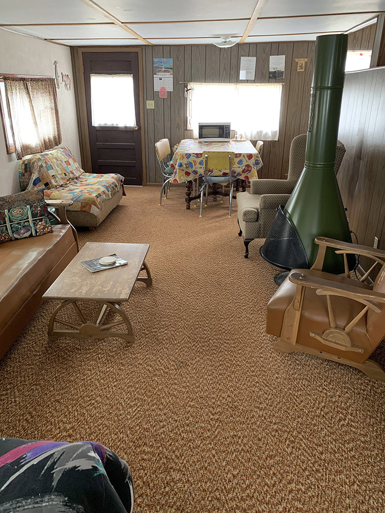 A photo of the cabin's living room area.
